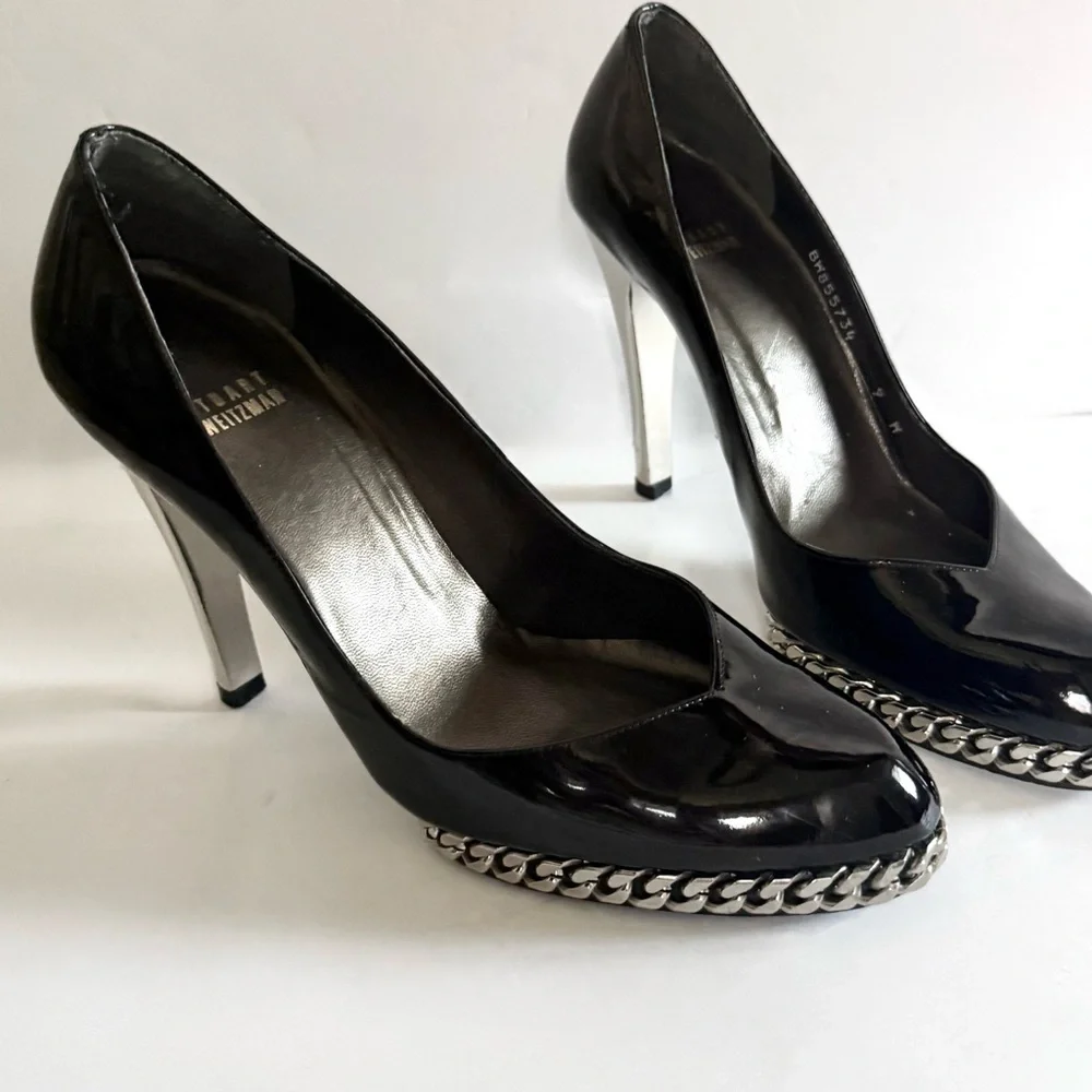 Stuart Weitzman Black Patent Leather Pumps Chain Link Platform Stiletto Heels